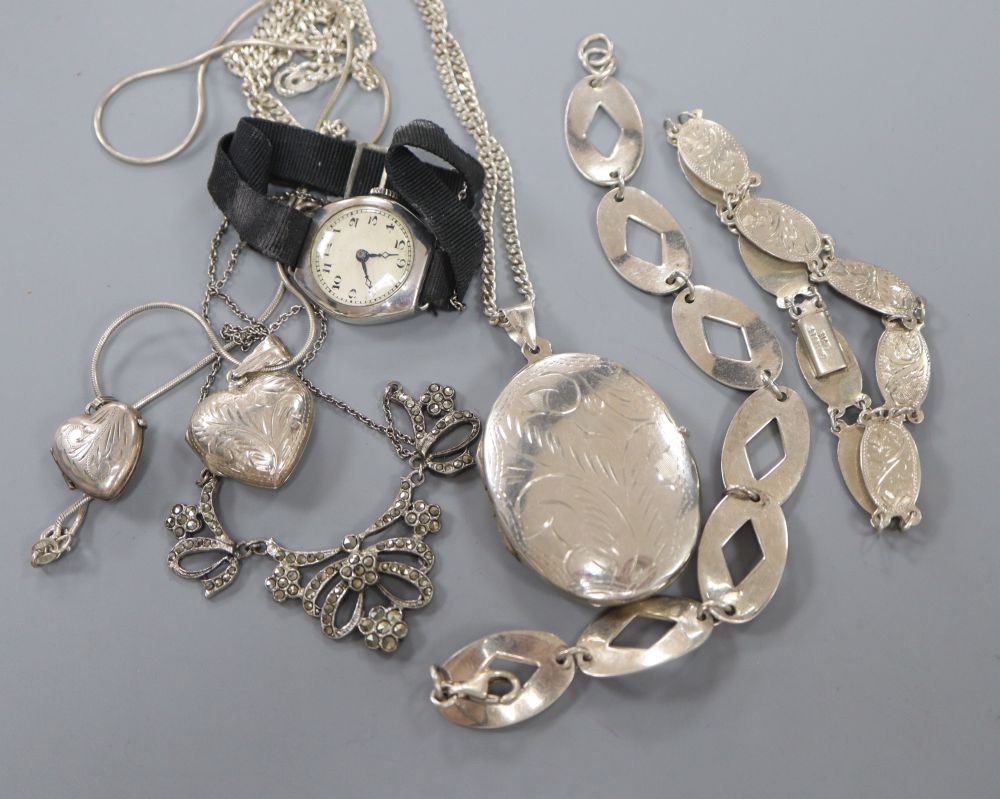 Mixed white metal jewellery, including 925 necklace and a ladys watch.